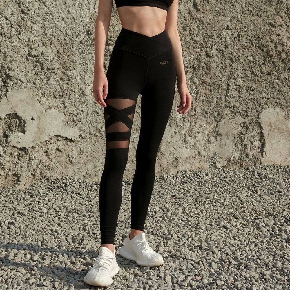 V-Cut High-Waist Black Mesh-Detail Leggings